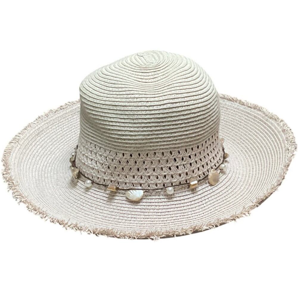 Scala Collezione Sun Beach Fringed Rim Hat Shell Band EUC